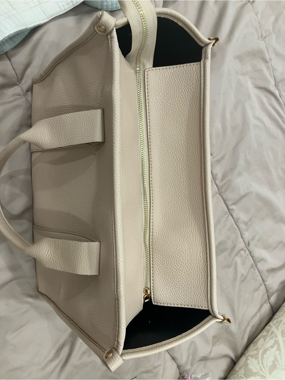 Neutral Beige Pebbled Tote Bag with White Lettering - Picture 2 of 4